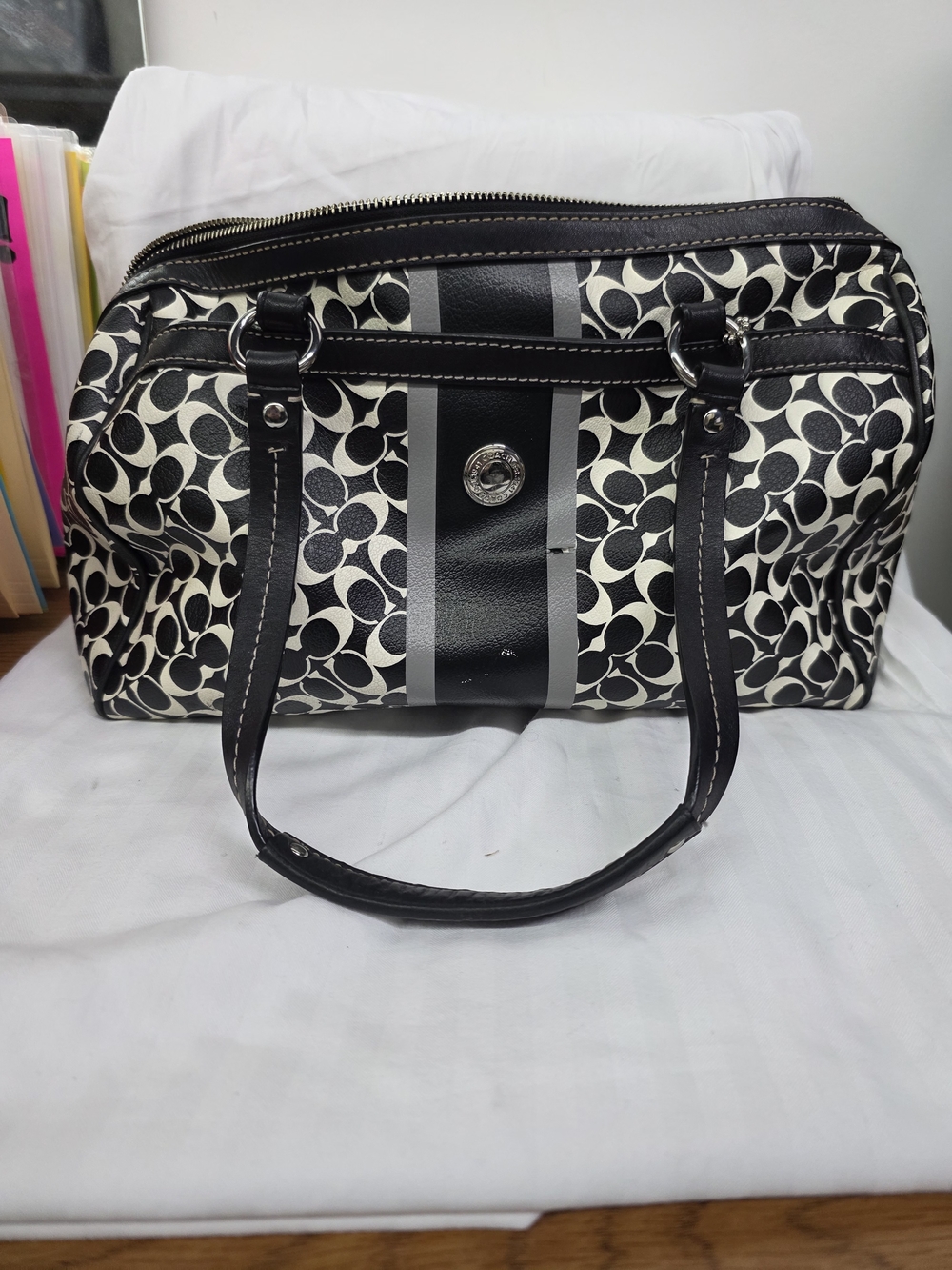 Coach Black and White Signature Stripe Satchel
